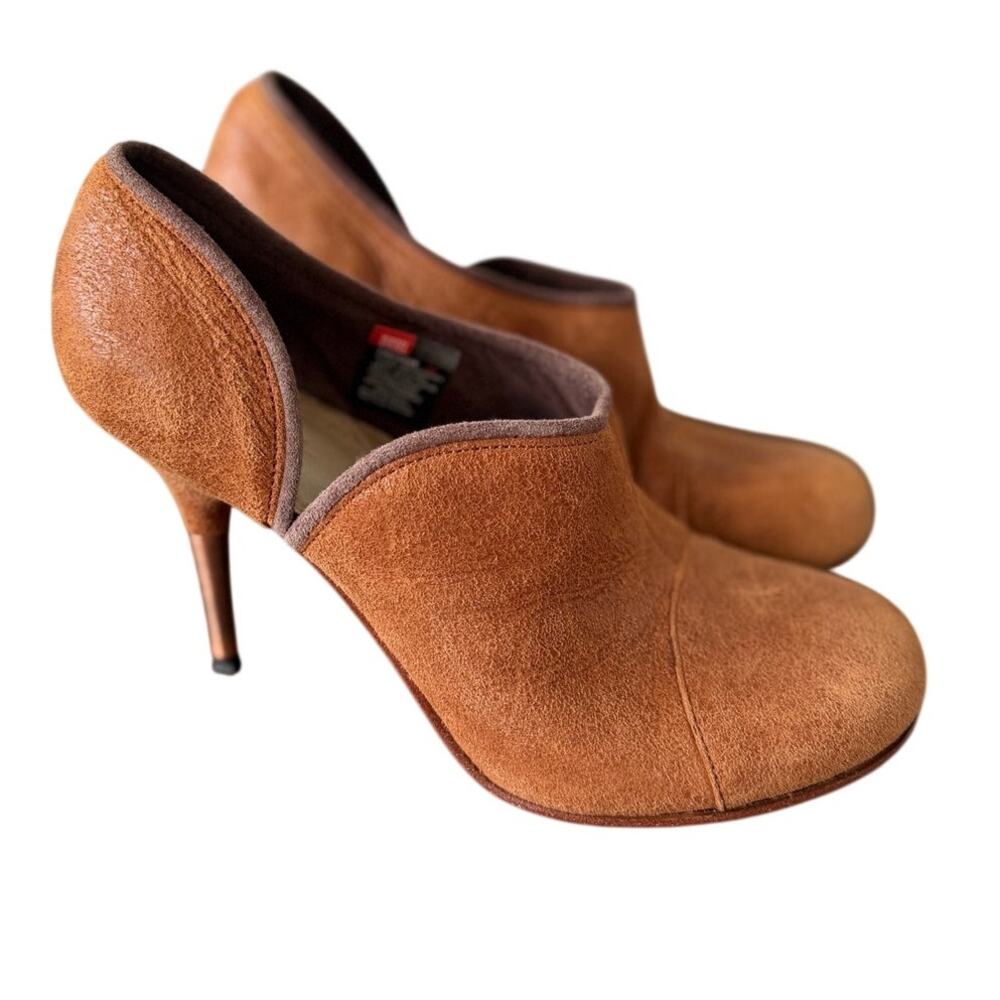 Diesel Mellana Distressed Cognac Leather Round Toe D'Orsay Copper Heeled Bootie